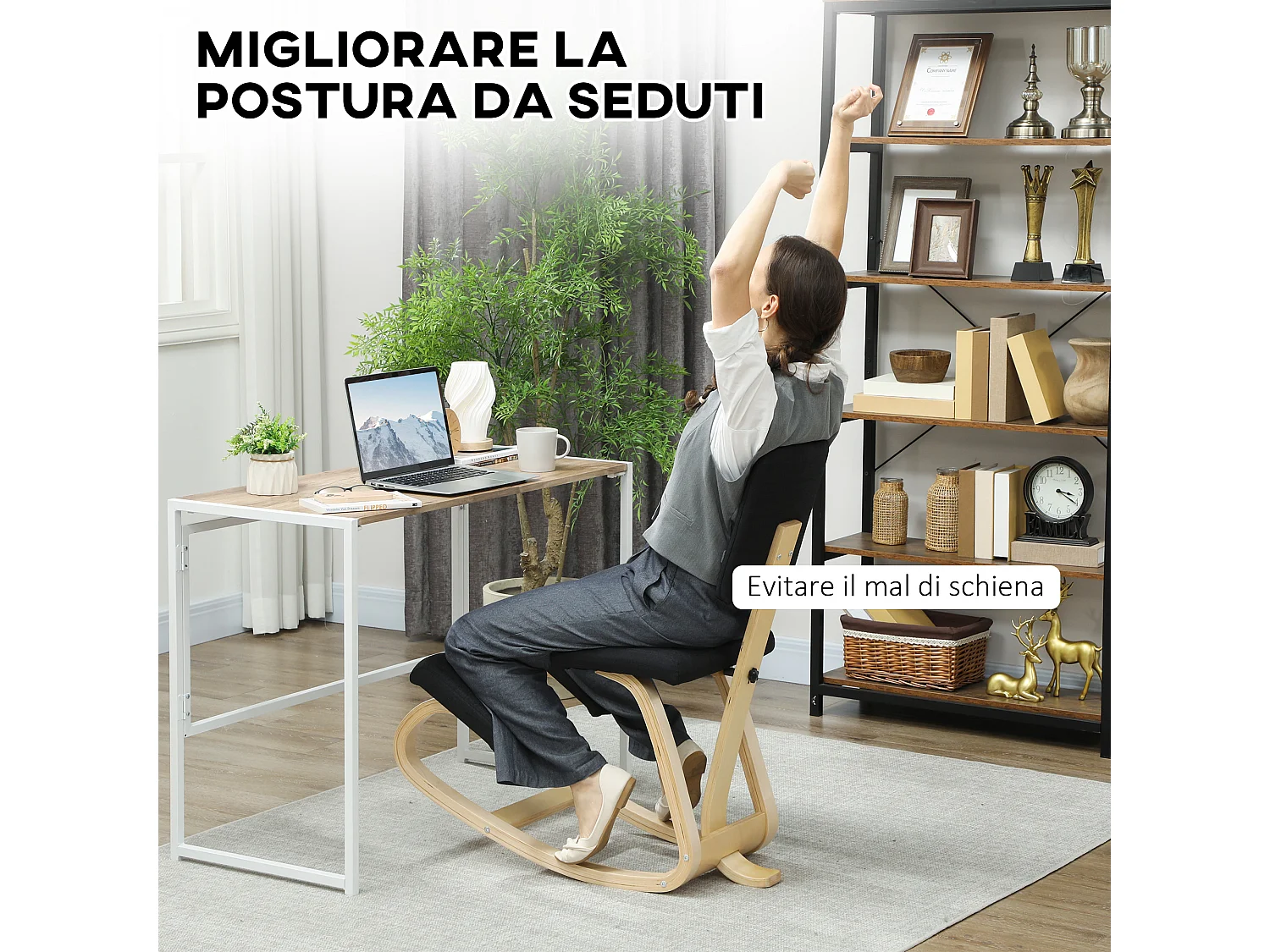 Sedia inginocchiatoio in tessuto effetto lino e legno di betulla nero