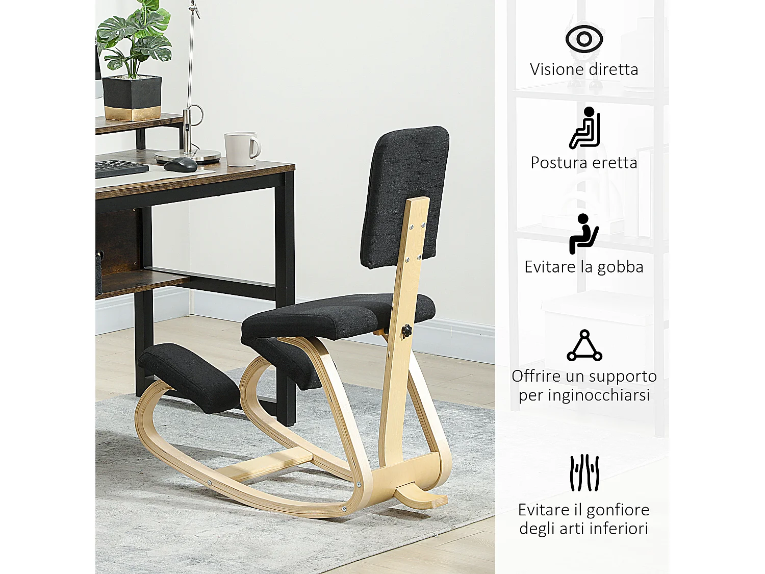 Sedia inginocchiatoio in tessuto effetto lino e legno di betulla nero