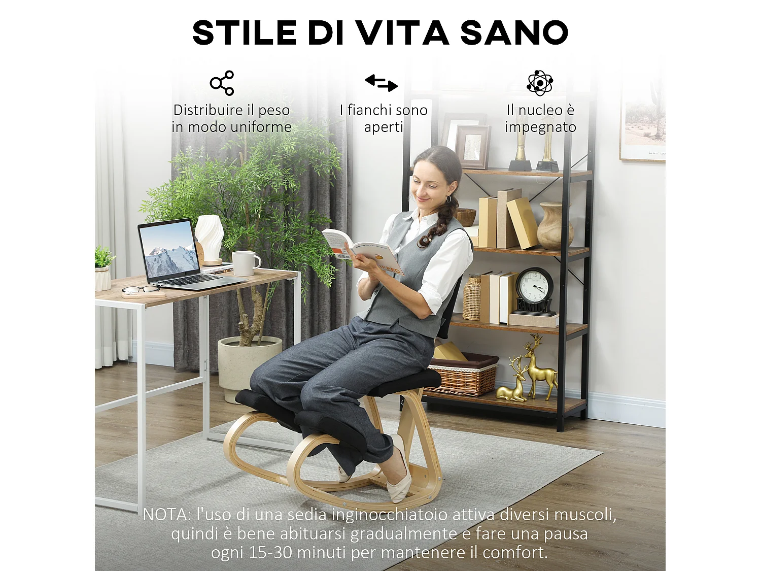 Sedia inginocchiatoio in tessuto effetto lino e legno di betulla nero