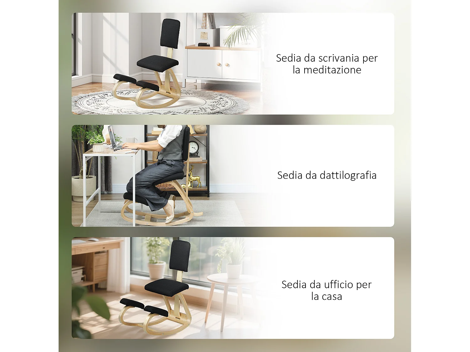 Sedia inginocchiatoio in tessuto effetto lino e legno di betulla nero