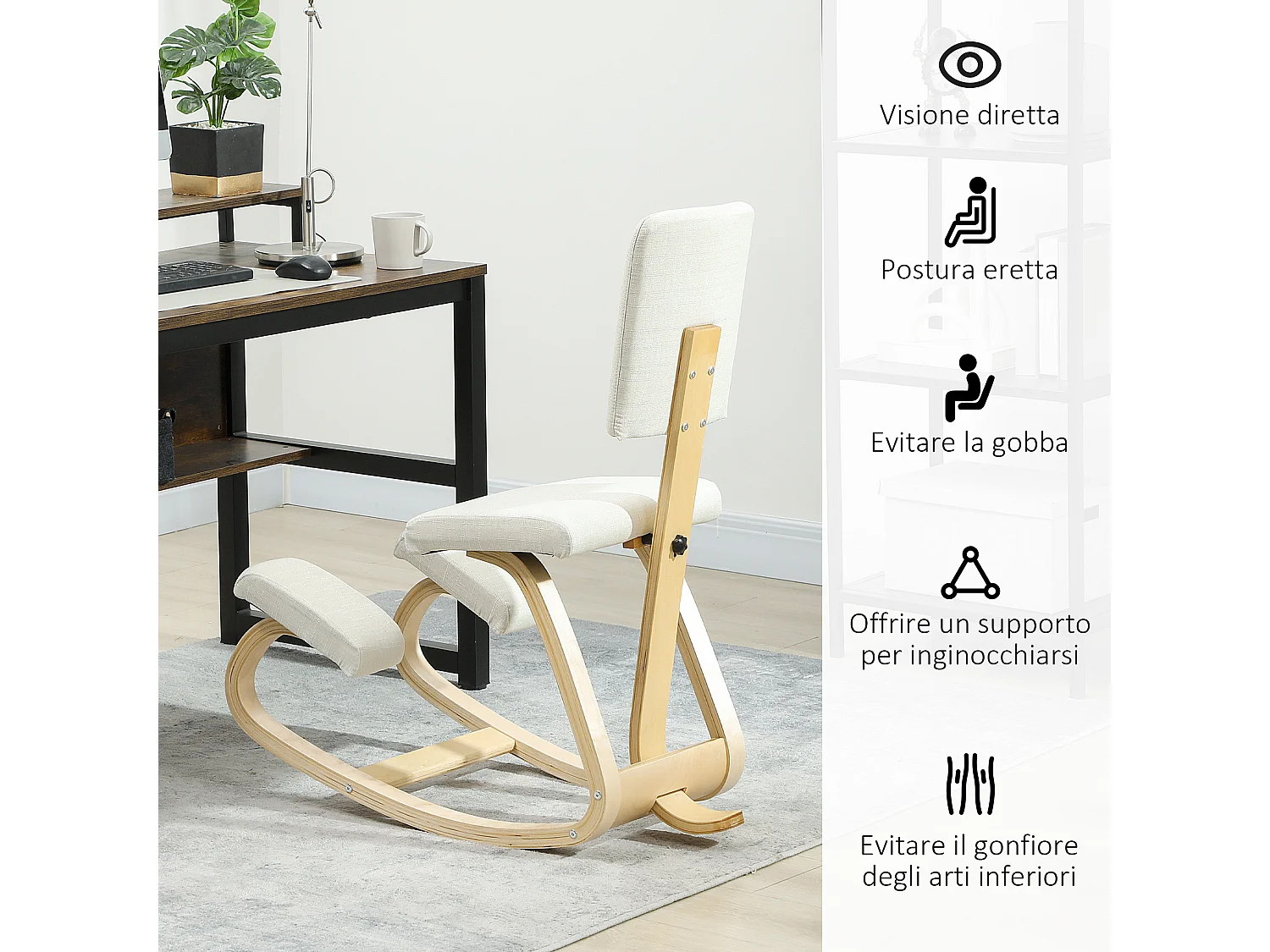 Sedia inginocchiatoio in tessuto effetto lino e legno di betulla crema