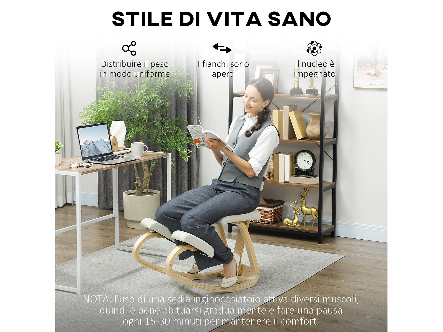 Sedia inginocchiatoio in tessuto effetto lino e legno di betulla crema