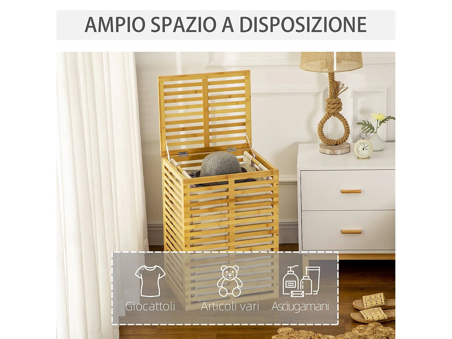 Cesto portabiancheria in bambù con sacca lavabile e coperchio