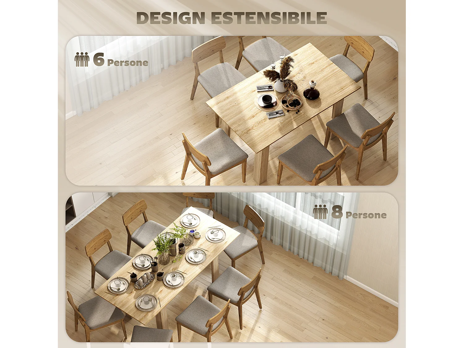 Tavolo da pranzo allungabile per 6-8 persone con pannelli a ribalta