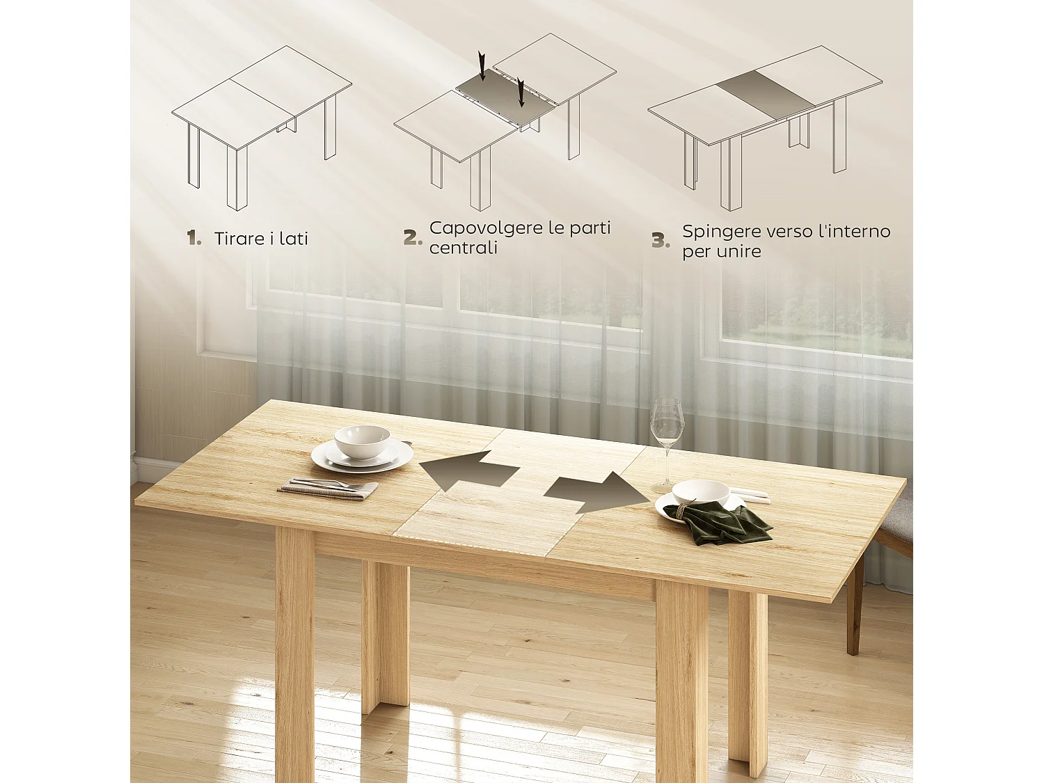 Tavolo da pranzo allungabile per 6-8 persone con pannelli a ribalta