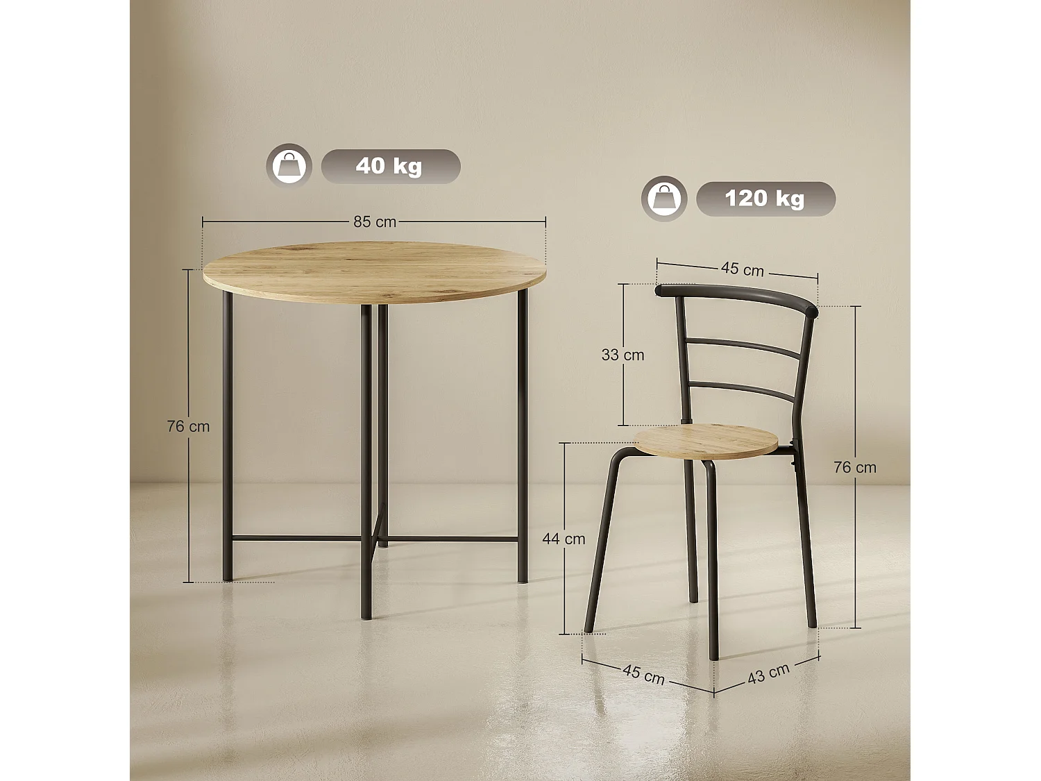 Set tavolo e sedie sala da pranzo 5 pezzi tavolo da pranzo rotondo e 4 sedie in legno e metallo