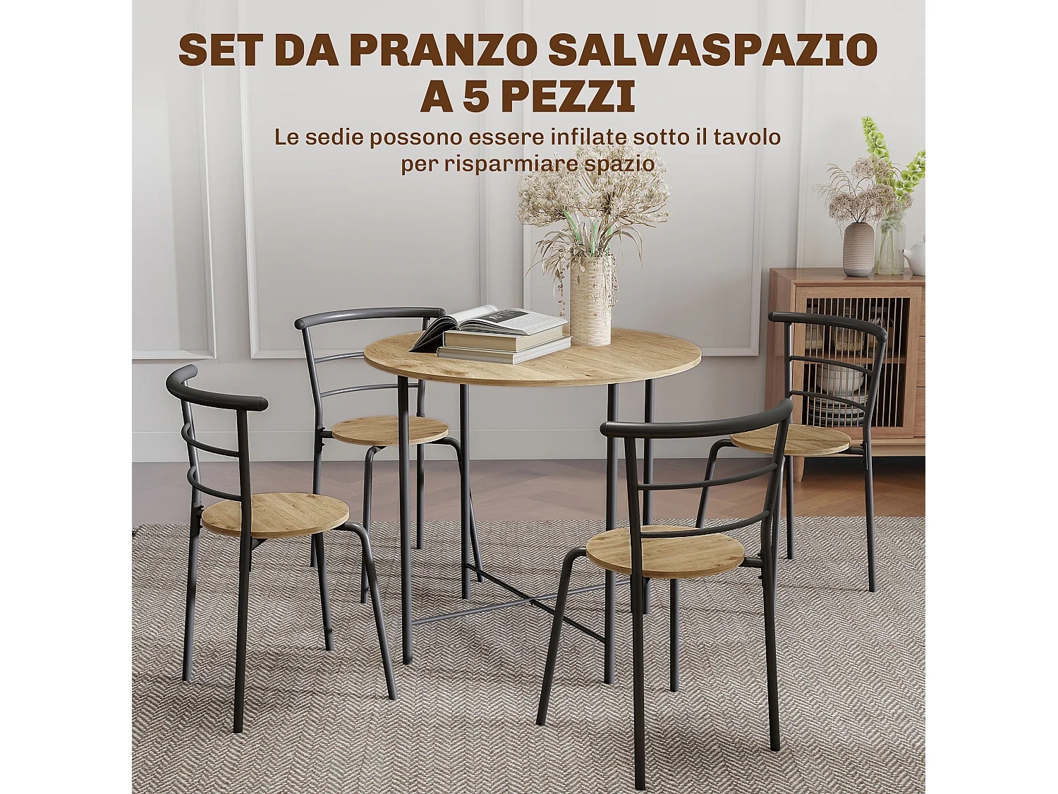 Set tavolo e sedie sala da pranzo 5 pezzi tavolo da pranzo rotondo e 4 sedie in legno e metallo