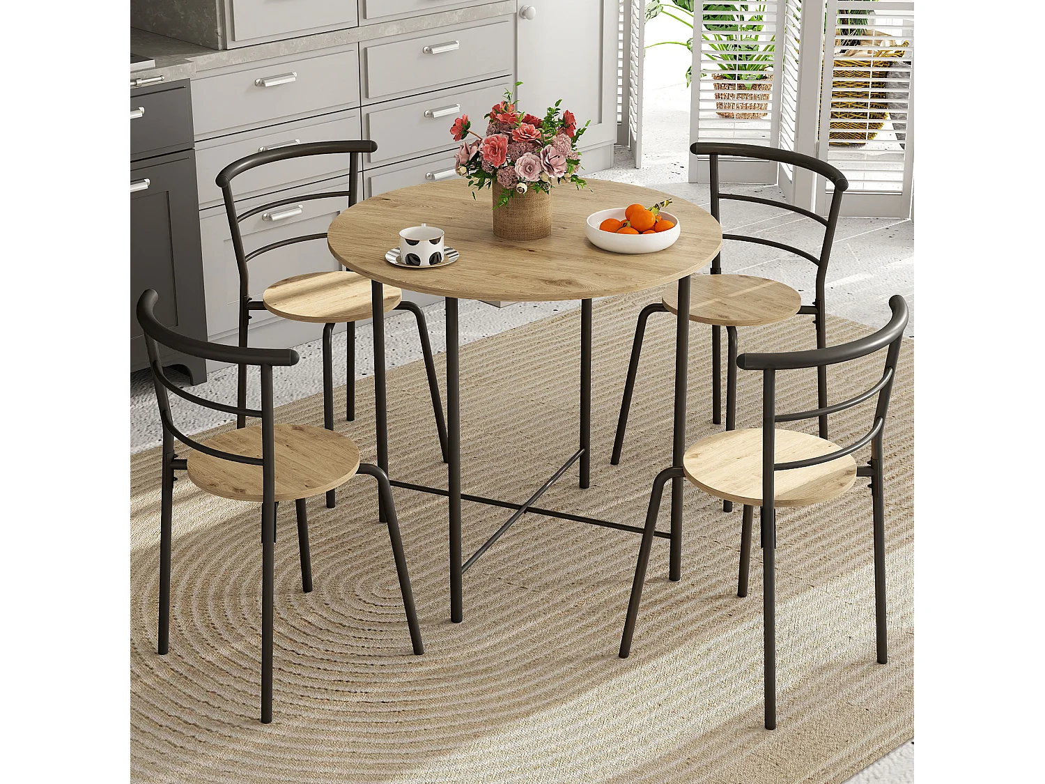 Set tavolo e sedie sala da pranzo 5 pezzi tavolo da pranzo rotondo e 4 sedie in legno e metallo