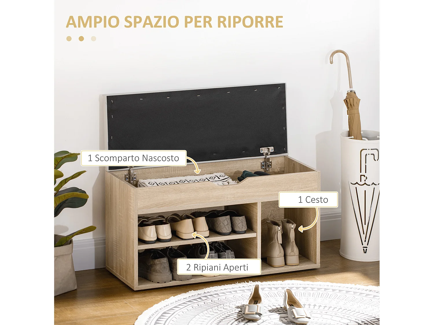 Scarpiera salvaspazio in legno con 2 ripiani aperti portaoggetti