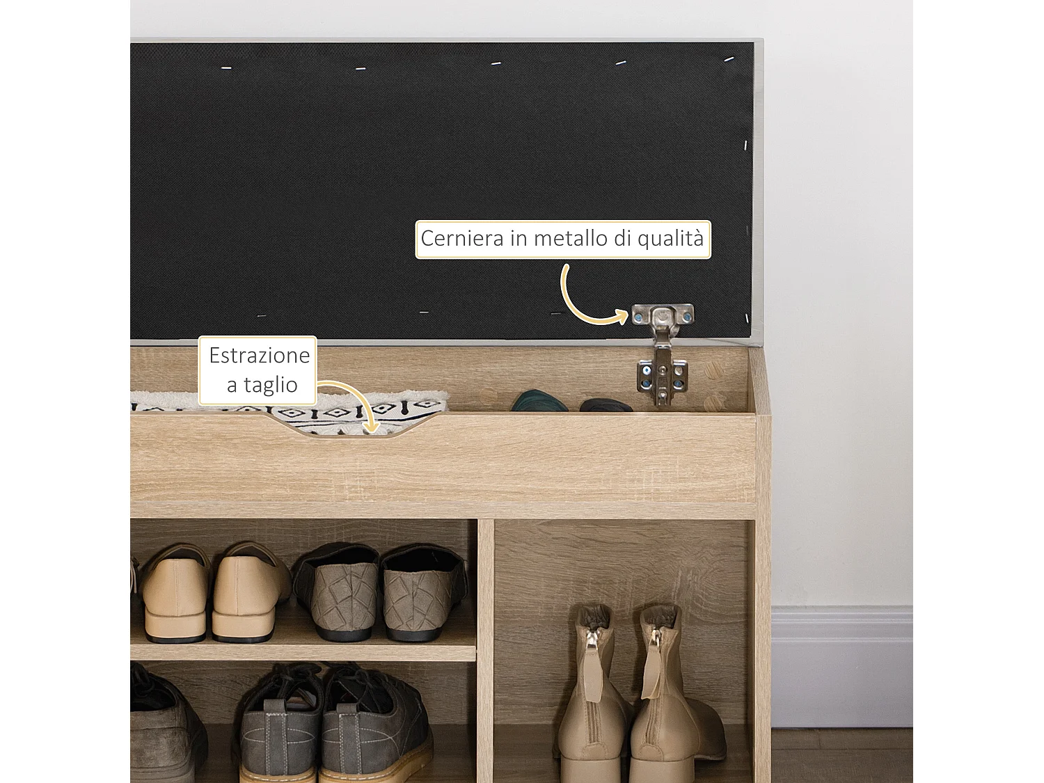 Scarpiera salvaspazio in legno con 2 ripiani aperti portaoggetti