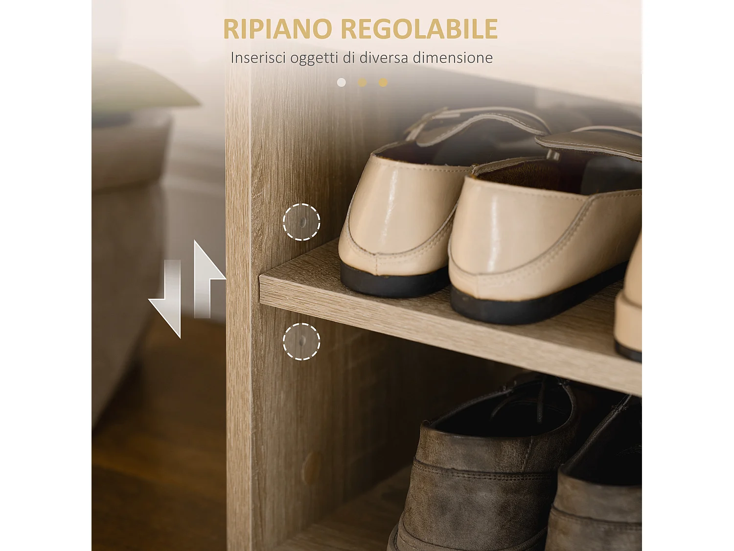 Scarpiera salvaspazio in legno con 2 ripiani aperti portaoggetti