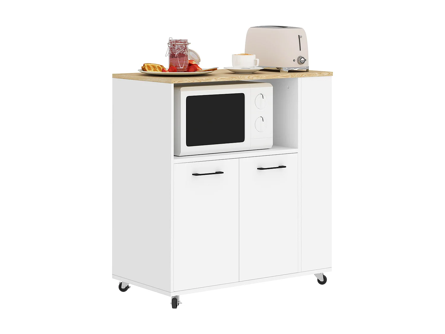 Carrello da cucina con ripiani e armadietto a 2 ante in legno bianco