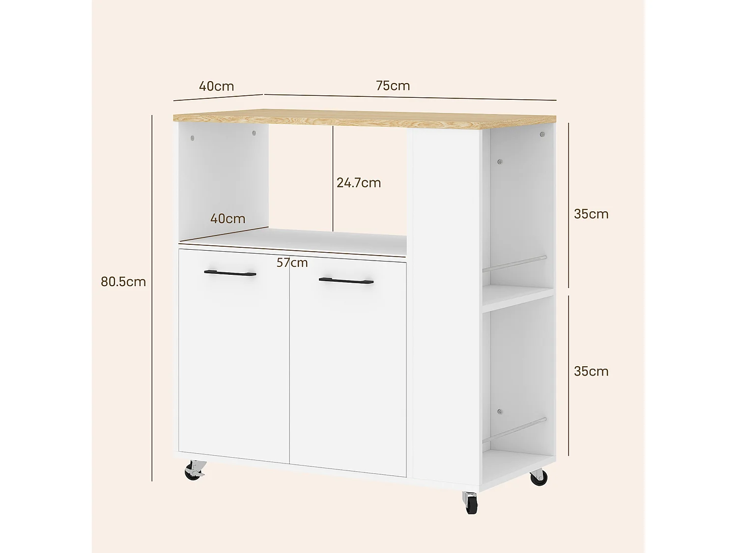 Carrello da cucina con ripiani e armadietto a 2 ante in legno bianco