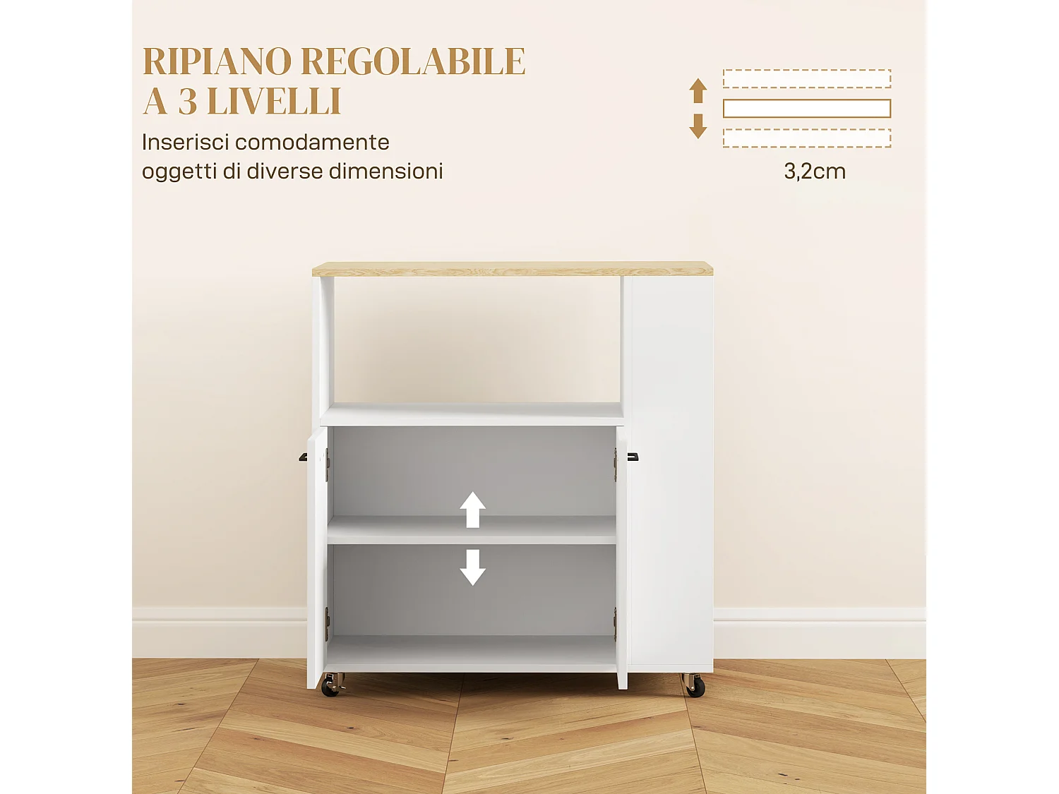 Carrello da cucina con ripiani e armadietto a 2 ante in legno bianco