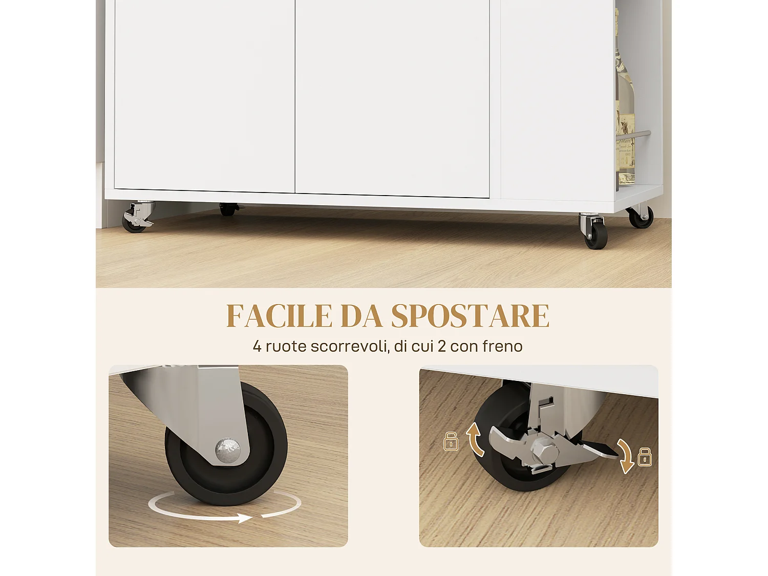 Carrello da cucina con ripiani e armadietto a 2 ante in legno bianco