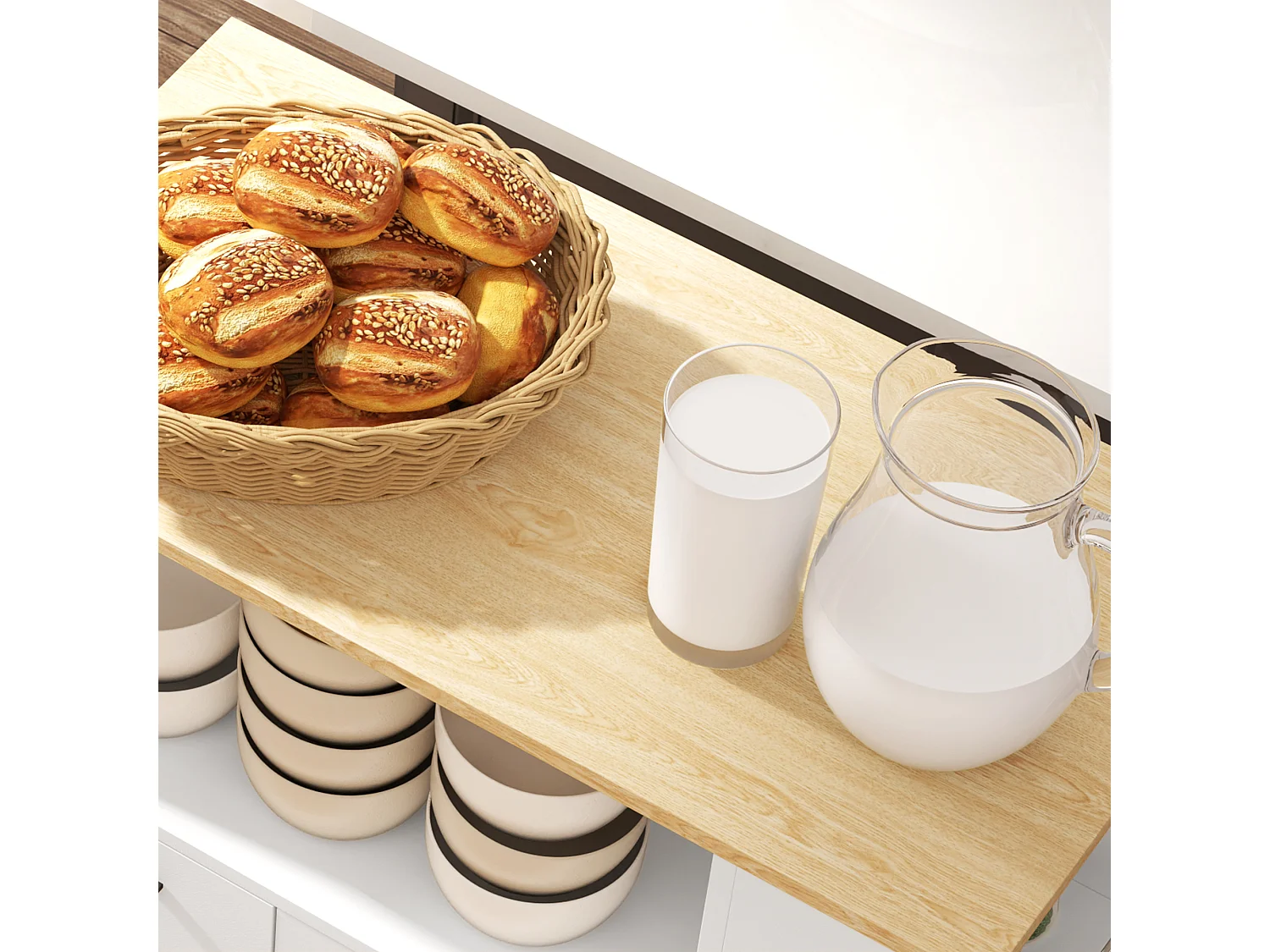 Carrello da cucina con ripiani e armadietto a 2 ante in legno bianco