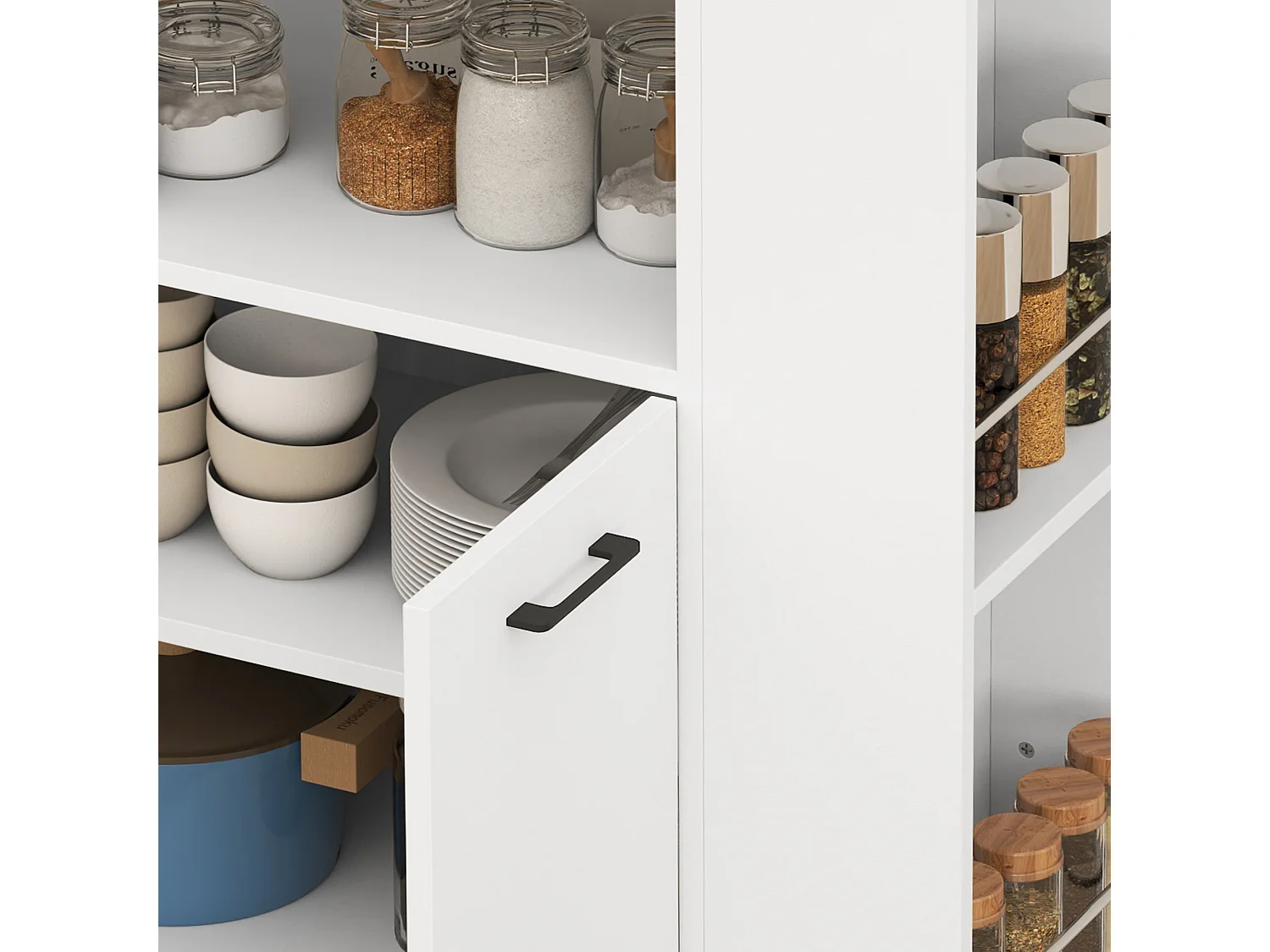 Carrello da cucina con ripiani e armadietto a 2 ante in legno bianco