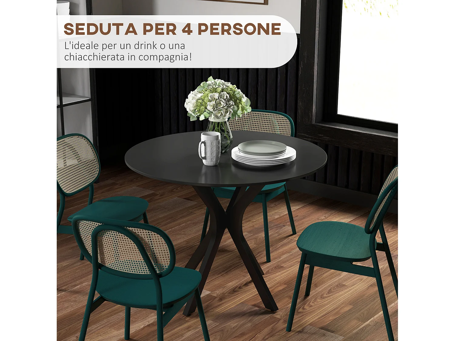 Tavolo da pranzo moderno 4 posti rotondo in acciaio e mdf nero
