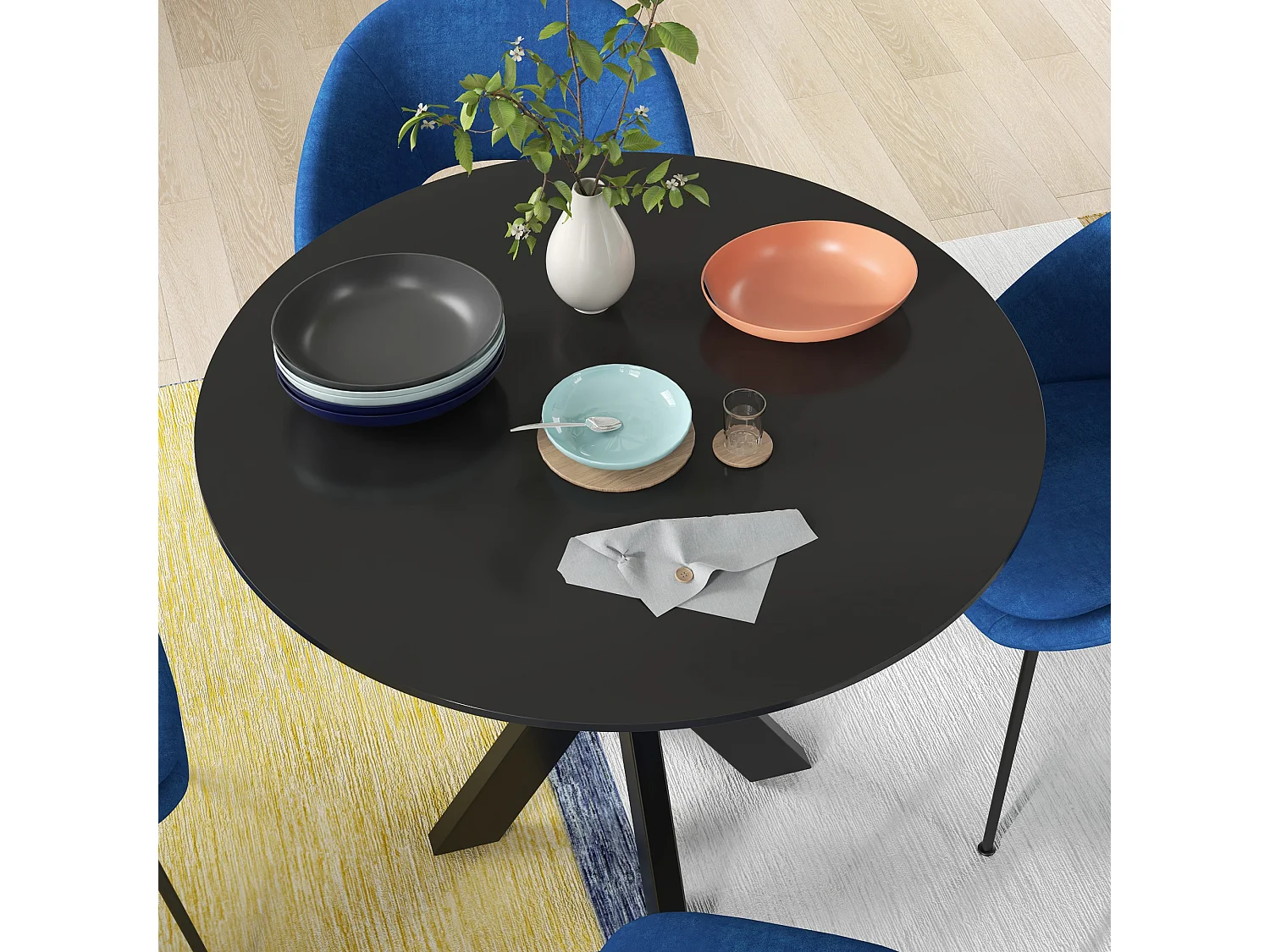 Tavolo da pranzo moderno 4 posti rotondo in acciaio e mdf nero