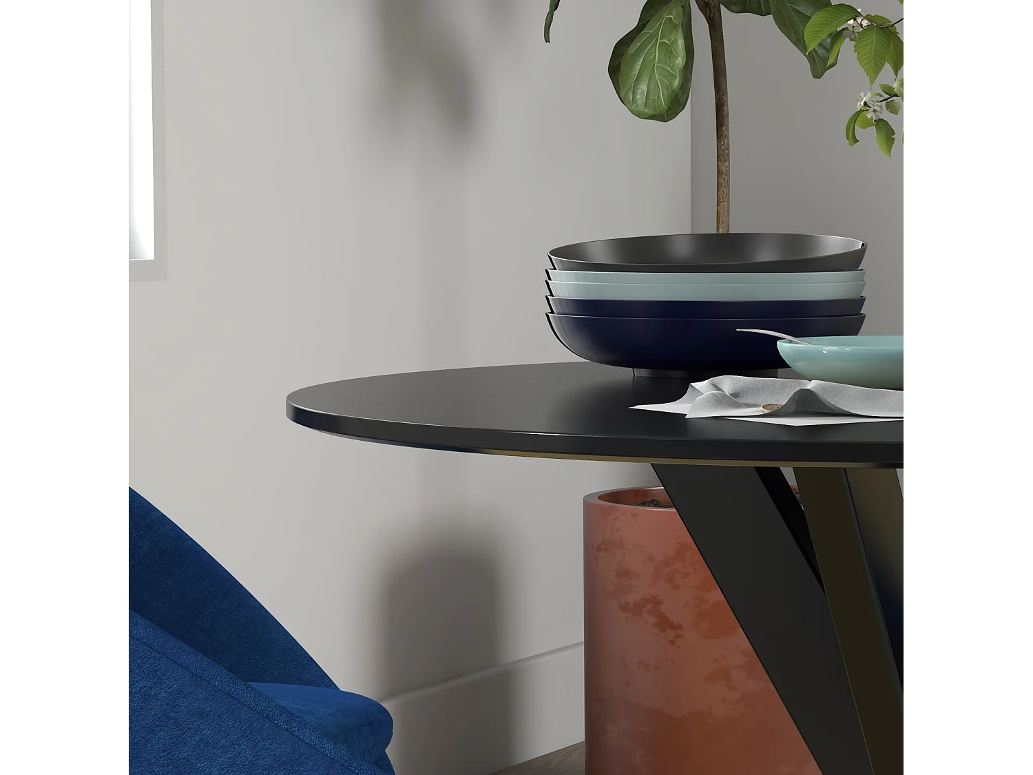 Tavolo da pranzo moderno 4 posti rotondo in acciaio e mdf nero