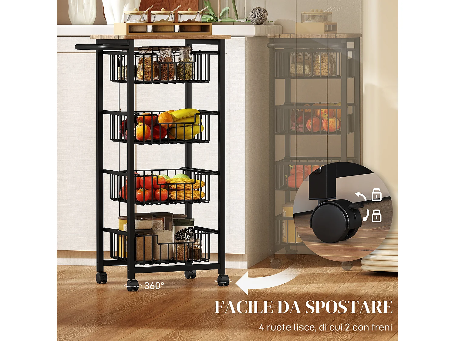 Carrello cucina a 5 ripiani, carrellino cucina salvaspazio con cestini estraibili