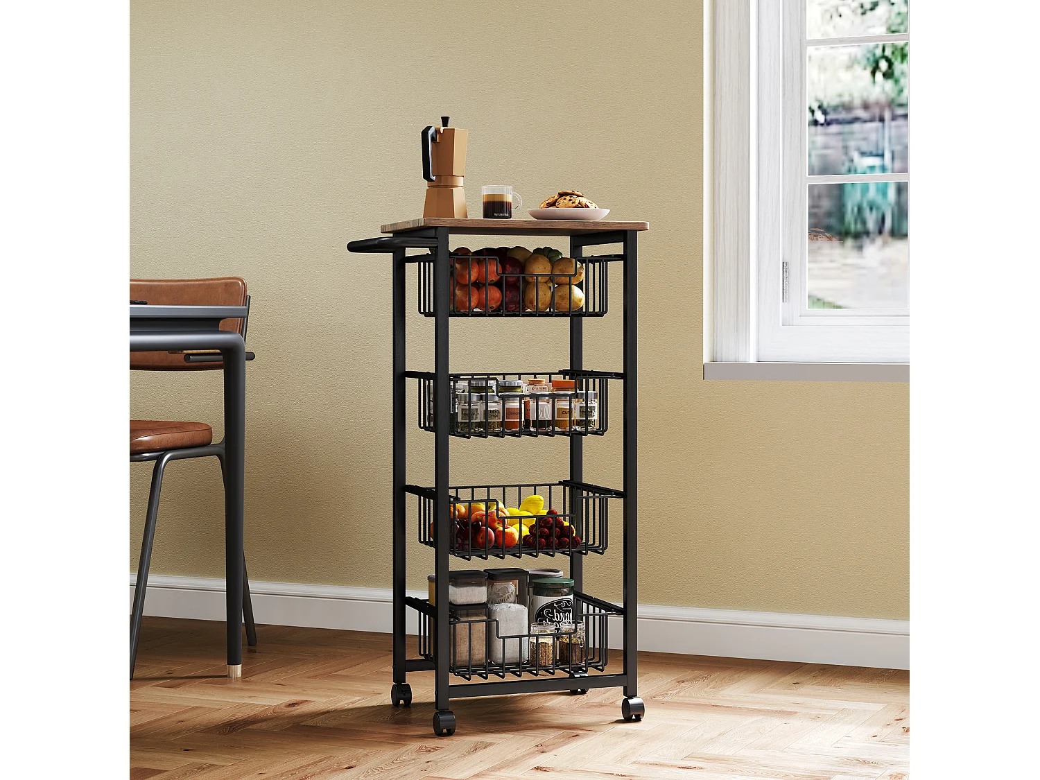 Carrello cucina a 5 ripiani, carrellino cucina salvaspazio con cestini estraibili