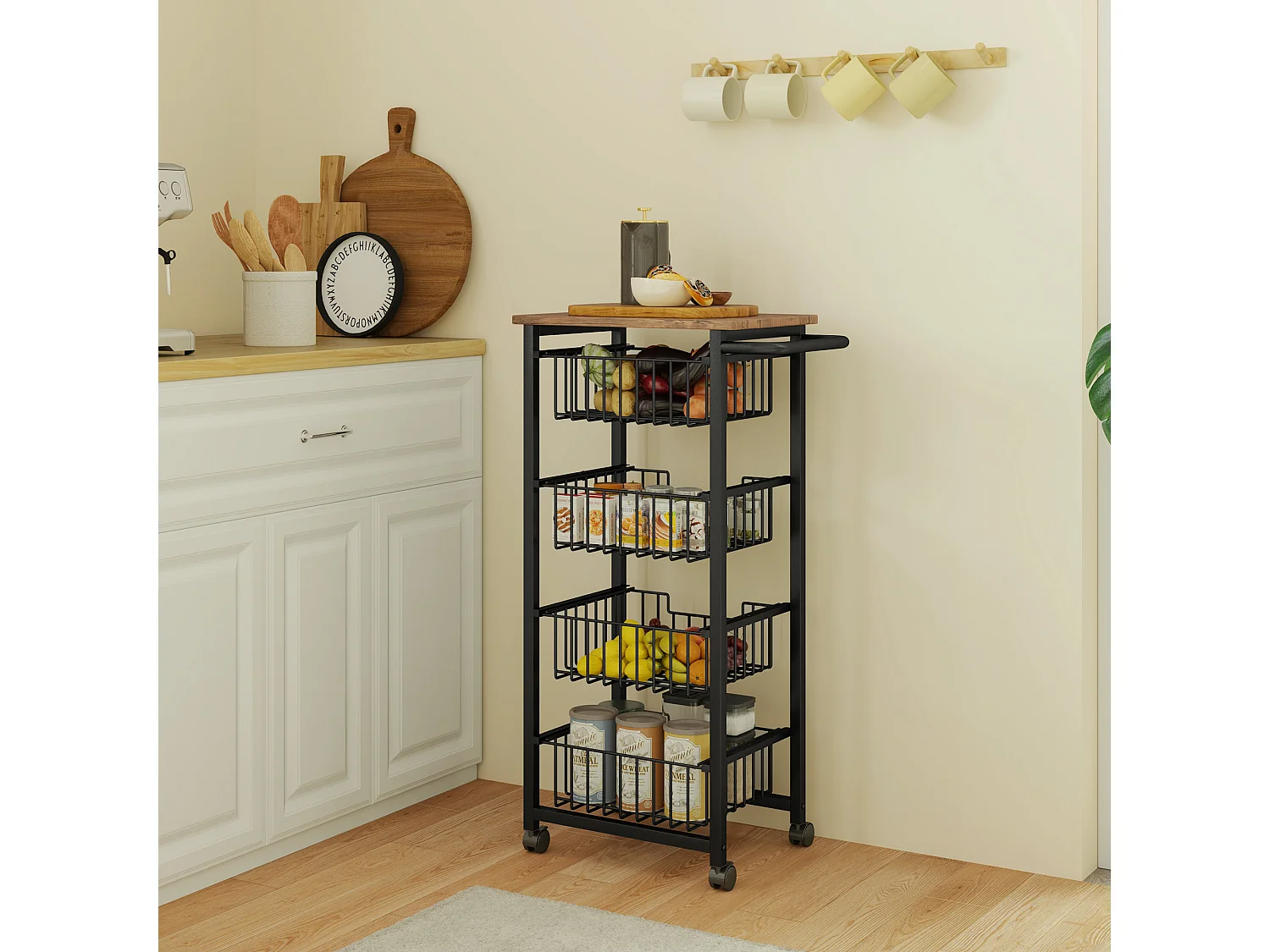 Carrello cucina a 5 ripiani, carrellino cucina salvaspazio con cestini estraibili