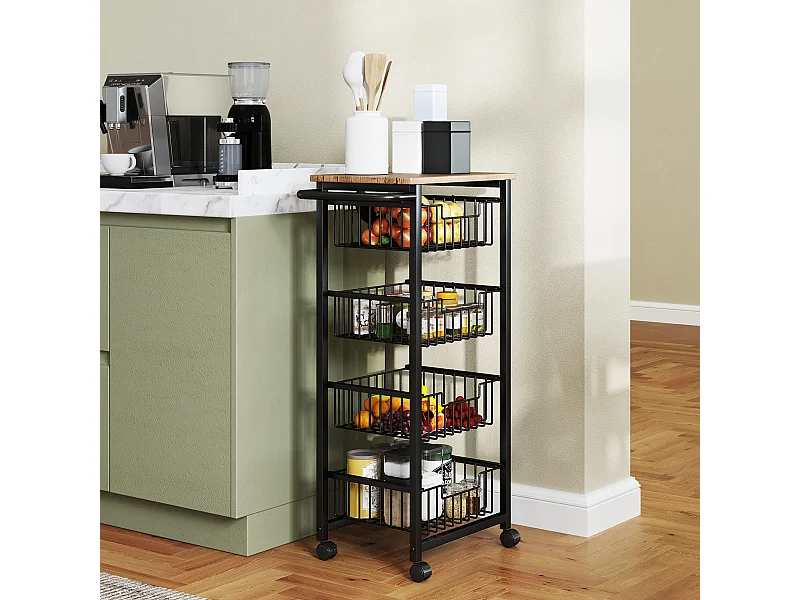 Carrello cucina a 5 ripiani, carrellino cucina salvaspazio con cestini estraibili