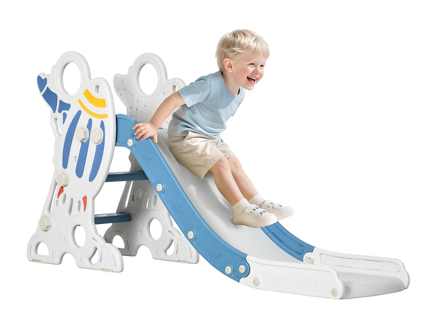 Scivolo per bambini a tema spaziale blu bianco e grigio
