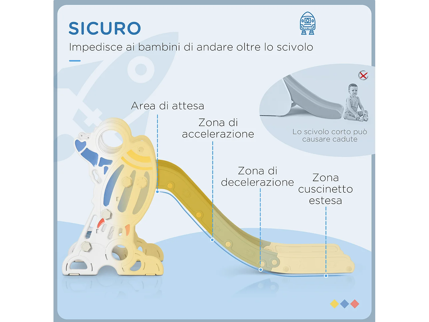 Scivolo per bambini a tema spaziale blu bianco e grigio