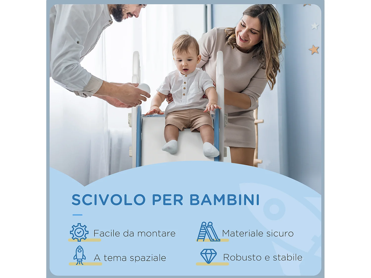 Scivolo per bambini a tema spaziale blu bianco e grigio