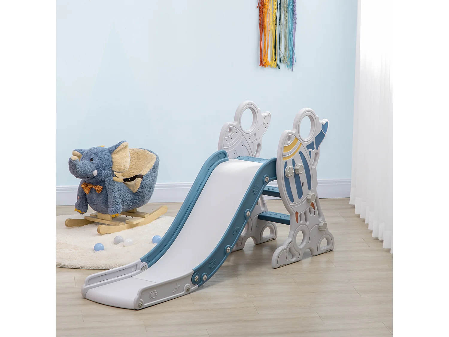 Scivolo per bambini a tema spaziale blu bianco e grigio