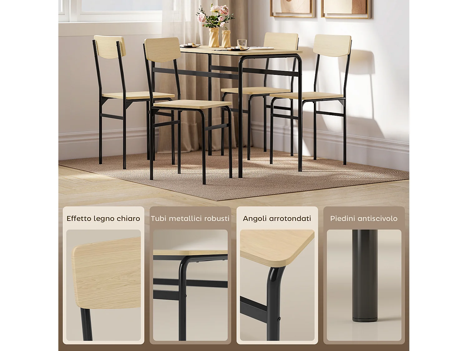 Set tavolo e sedie sala da pranzo 5 pezzi tavolo da pranzo rettangolare e 4 sedie in legno