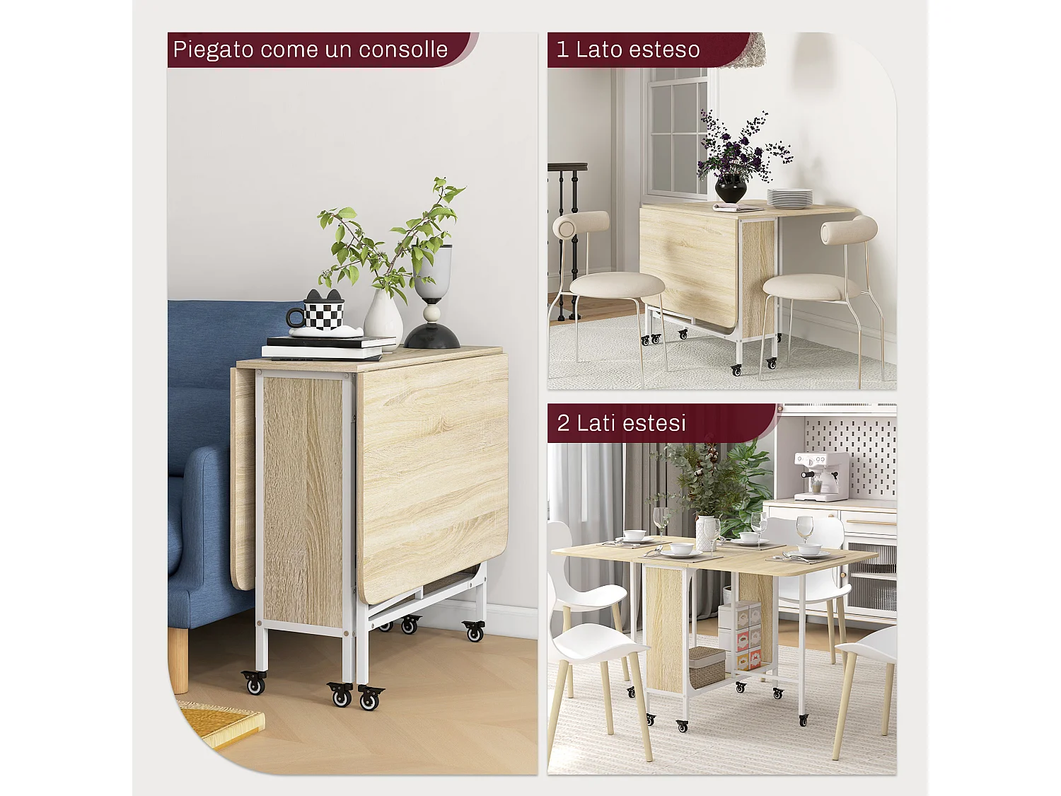 Tavolo da pranzo pieghevole 6 persone con ripiano bianco e color legno