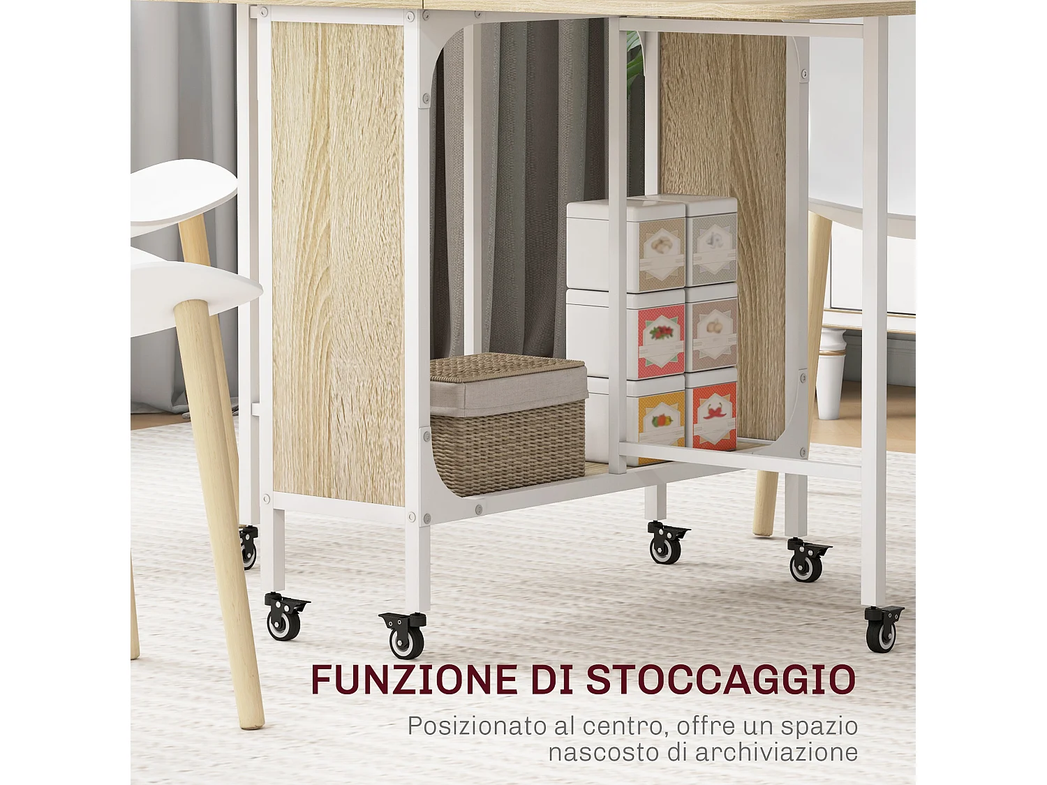 Tavolo da pranzo pieghevole 6 persone con ripiano bianco e color legno