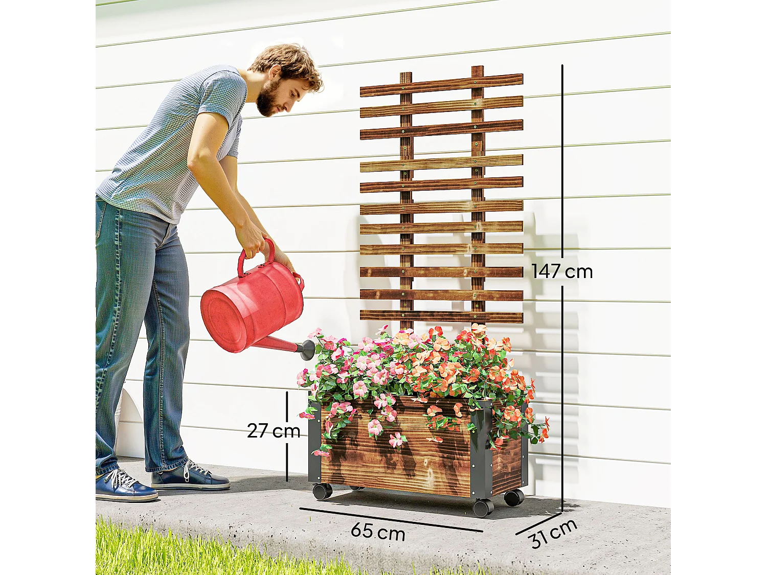 Fioriera con traliccio per rampicanti in legno di abete marrone