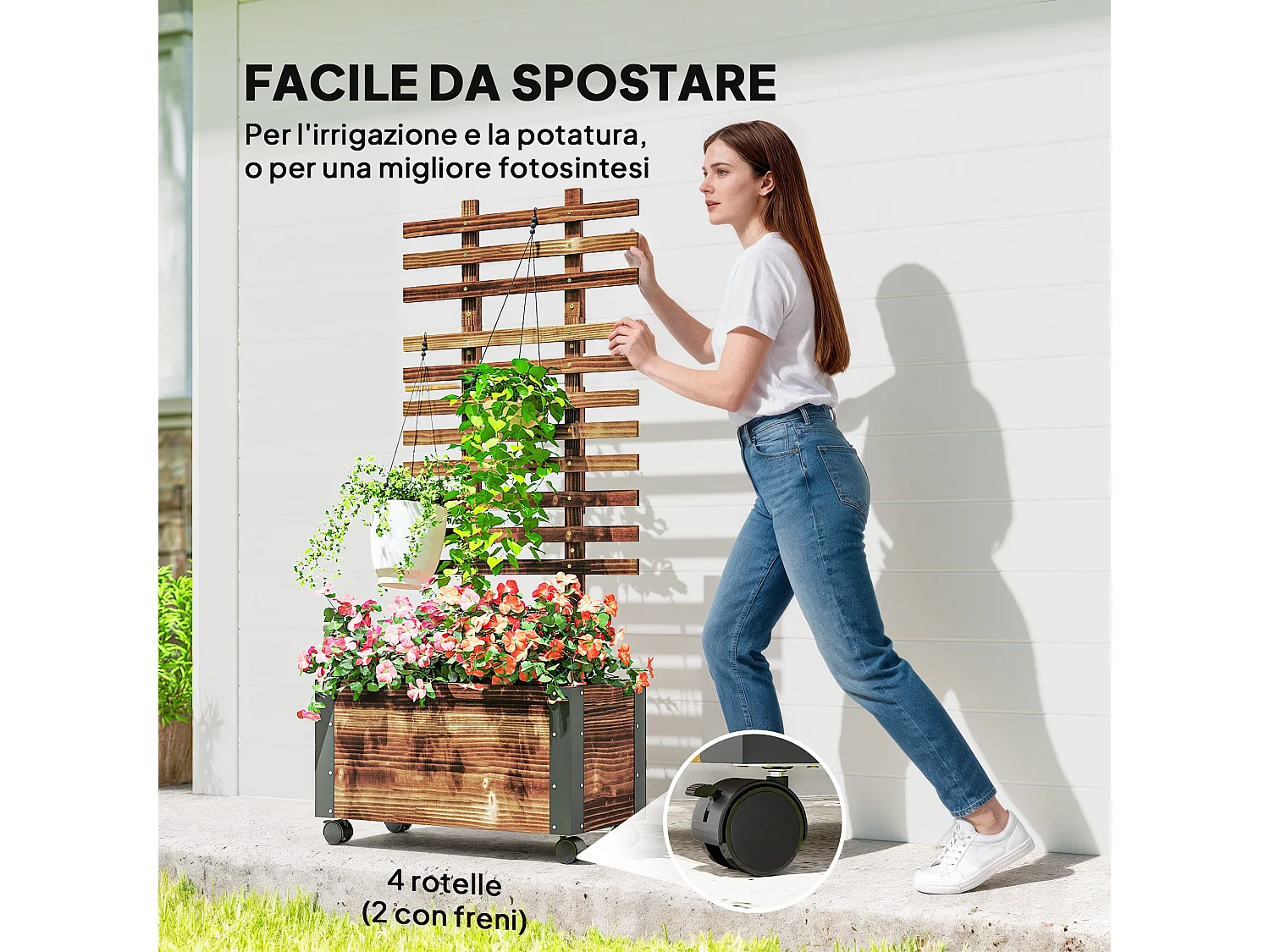 Fioriera con traliccio per rampicanti in legno di abete marrone