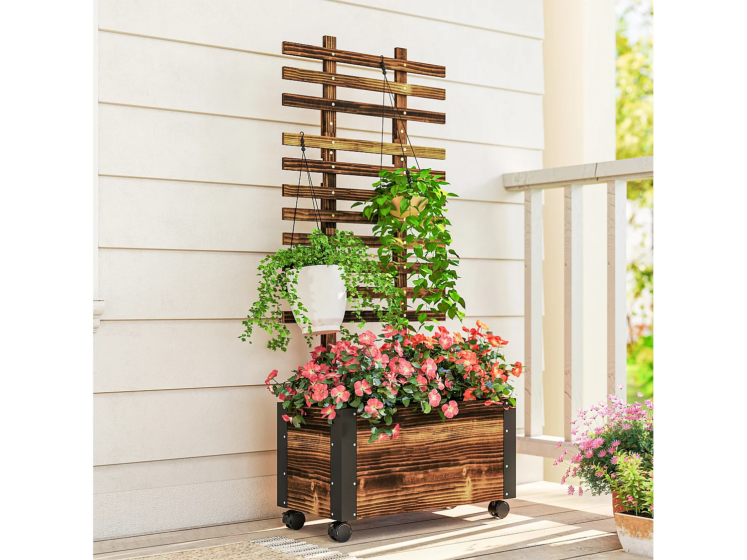 Fioriera con traliccio per rampicanti in legno di abete marrone