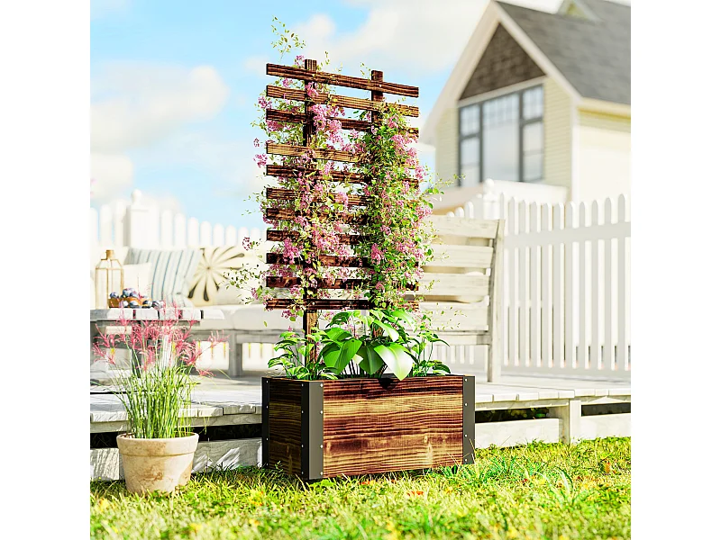 Fioriera con traliccio per rampicanti in legno di abete marrone