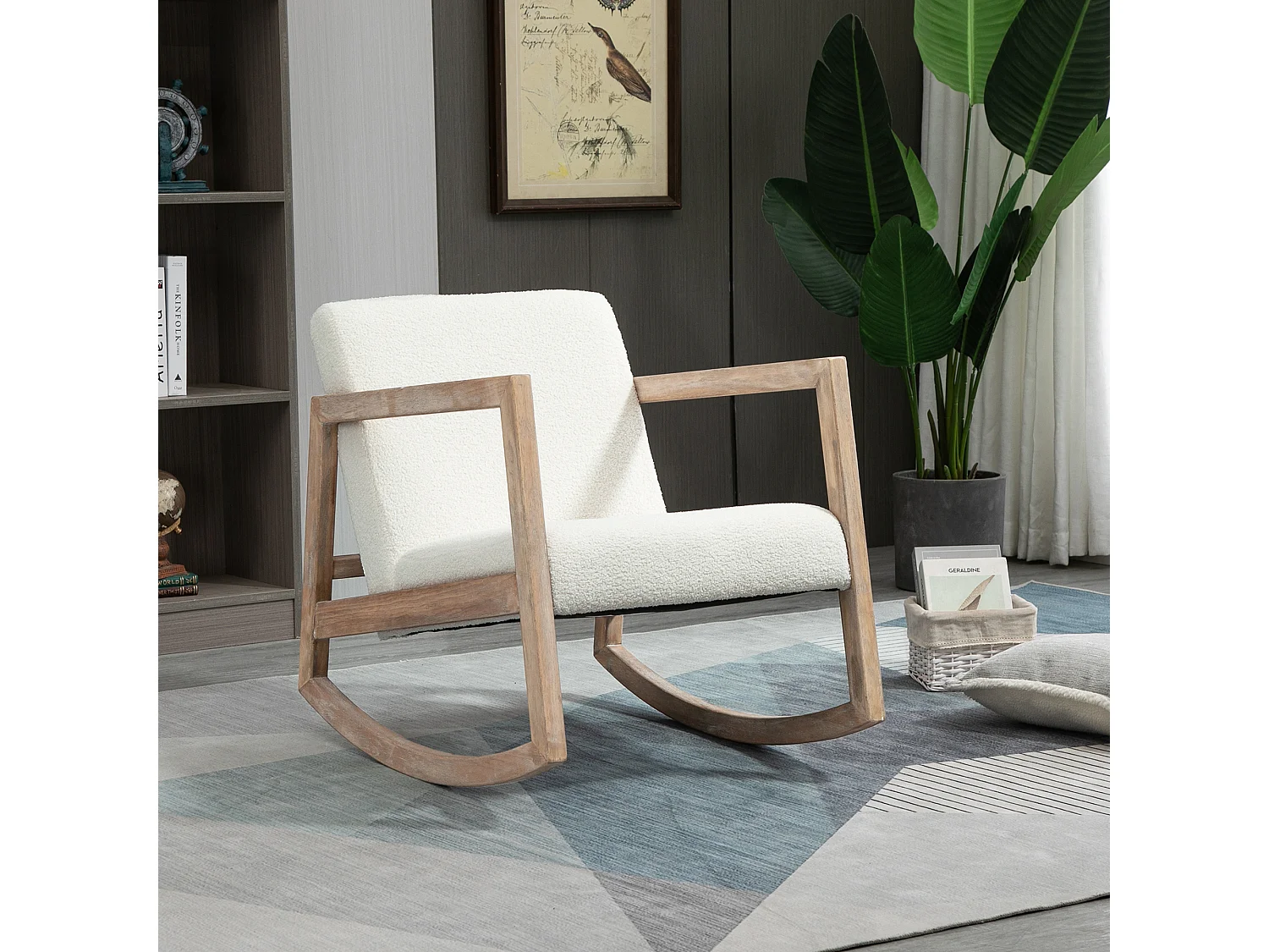 Sedia a dondolo in legno con cuscini per seduta e schienale crema