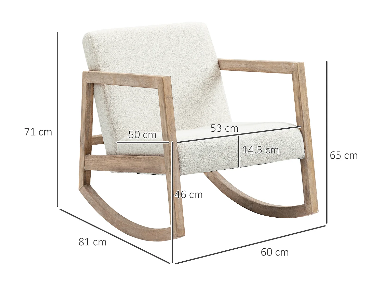 Sedia a dondolo in legno con cuscini per seduta e schienale crema