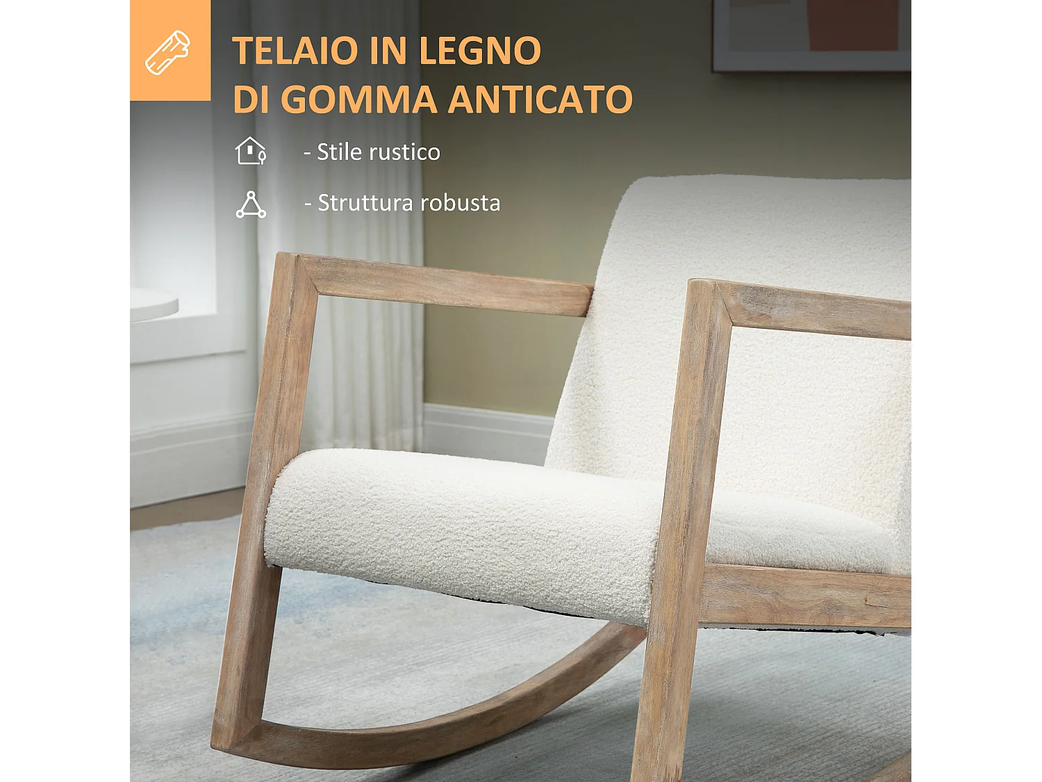 Sedia a dondolo in legno con cuscini per seduta e schienale crema