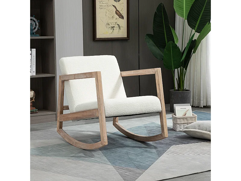 Sedia a dondolo in legno con cuscini per seduta e schienale crema