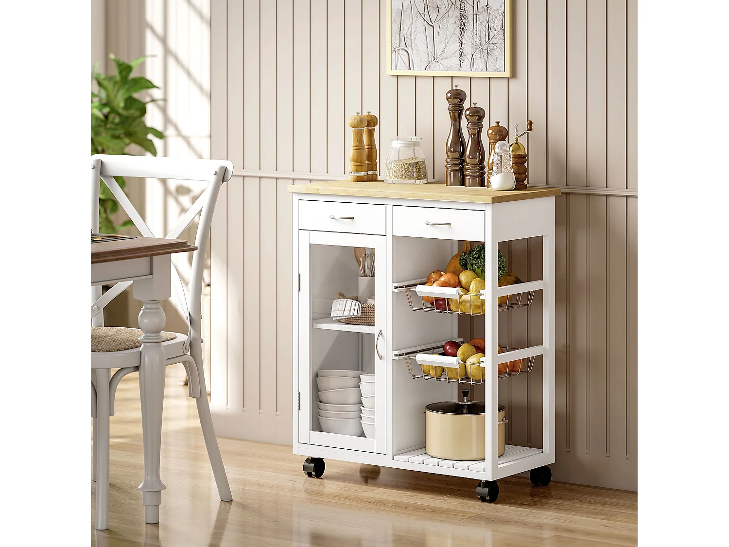 Carrello da cucina con ruote e piano in bambù isola cucina con 2 cassetti