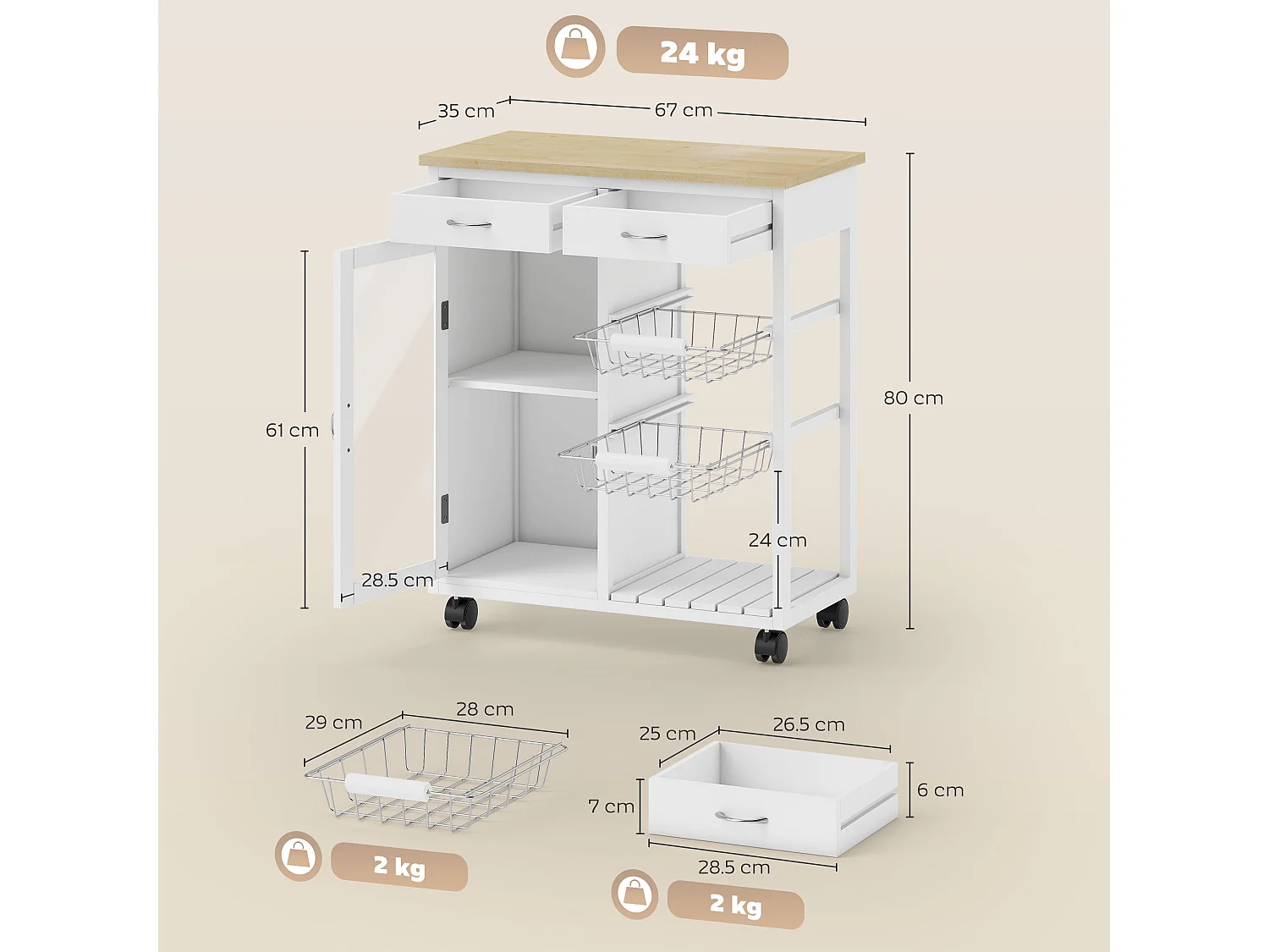 Carrello da cucina con ruote e piano in bambù isola cucina con 2 cassetti