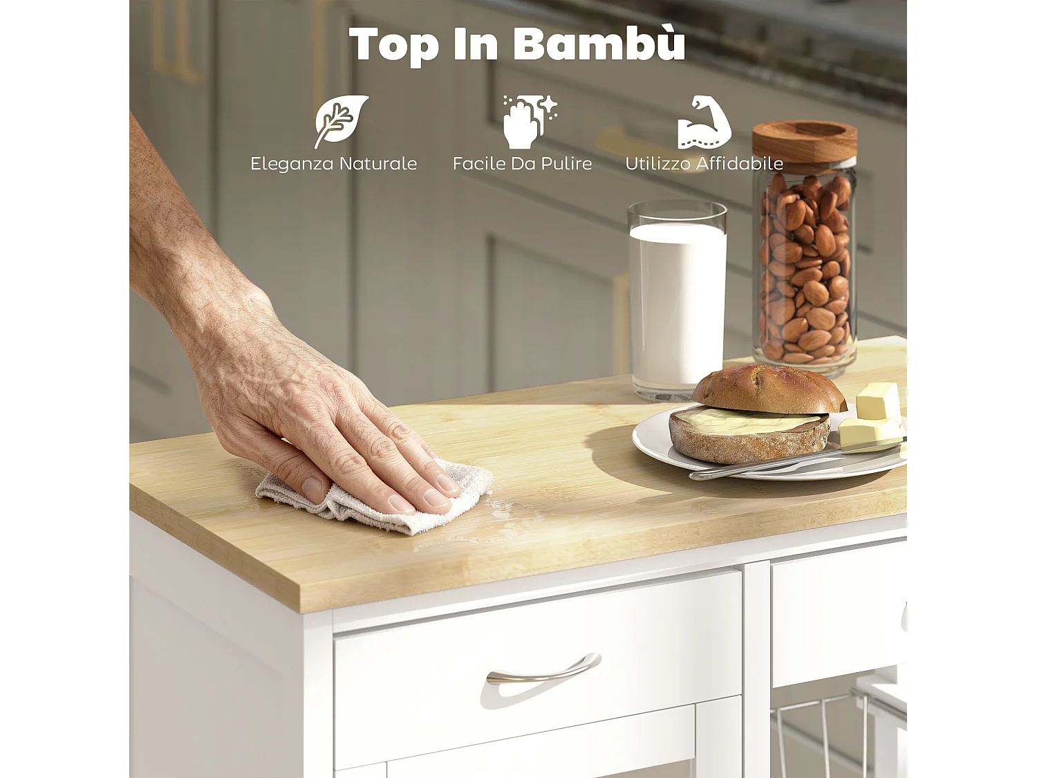 Carrello da cucina con ruote e piano in bambù isola cucina con 2 cassetti