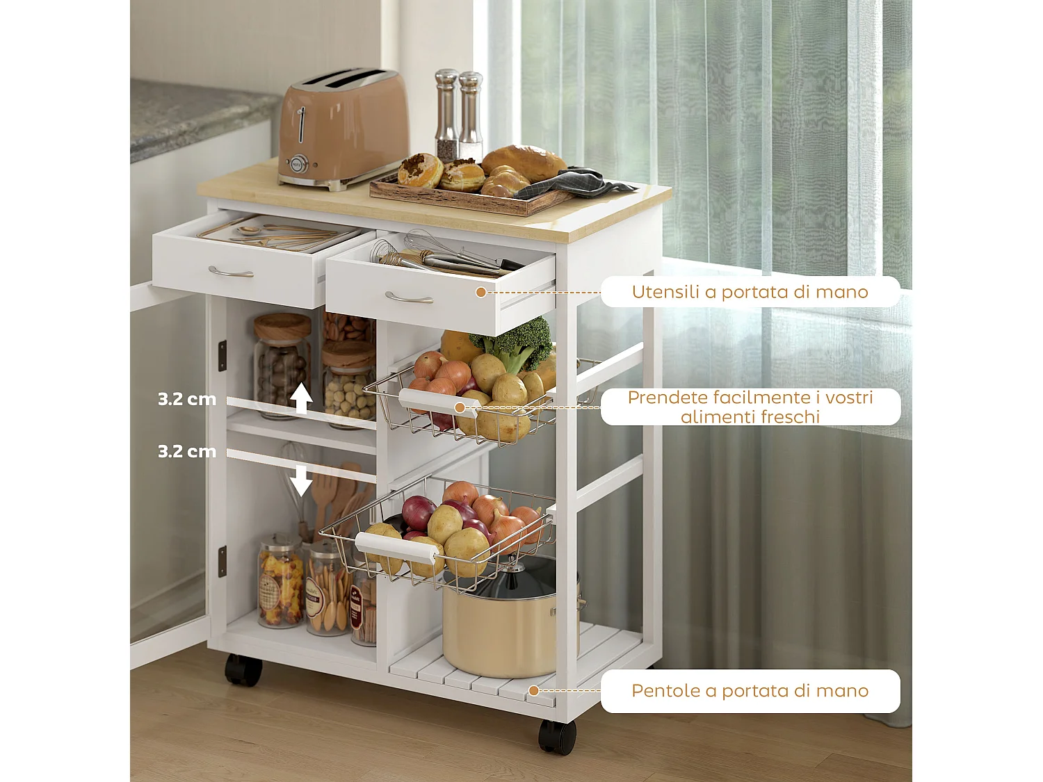 Carrello da cucina con ruote e piano in bambù isola cucina con 2 cassetti