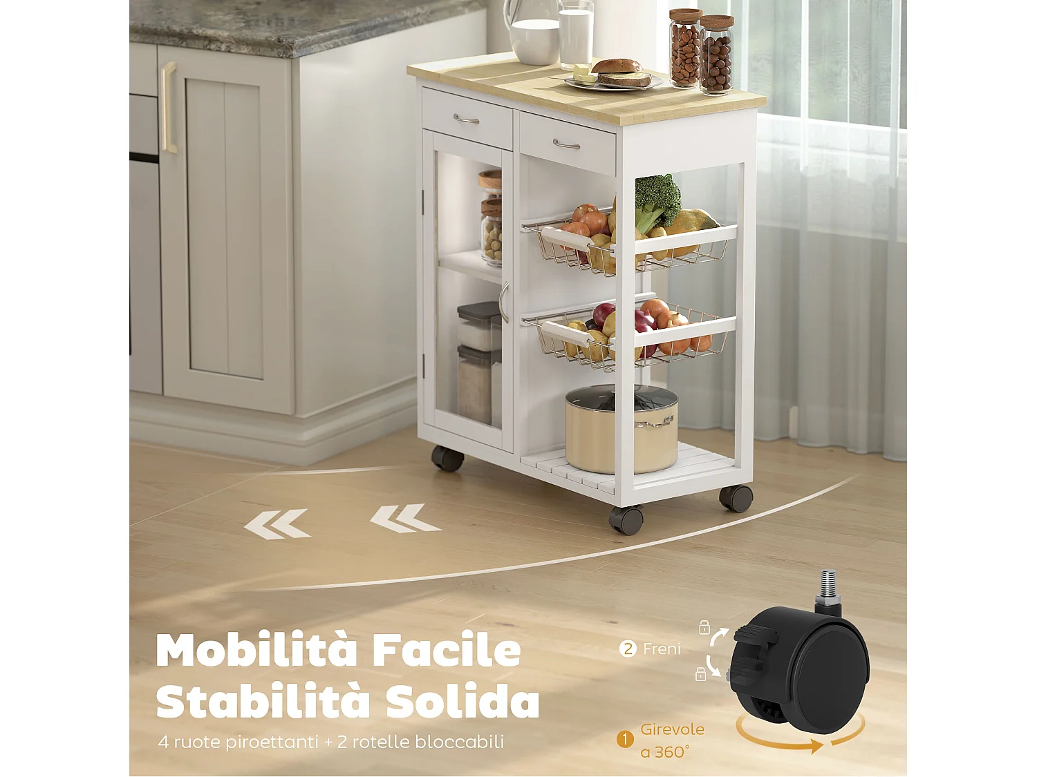 Carrello da cucina con ruote e piano in bambù isola cucina con 2 cassetti