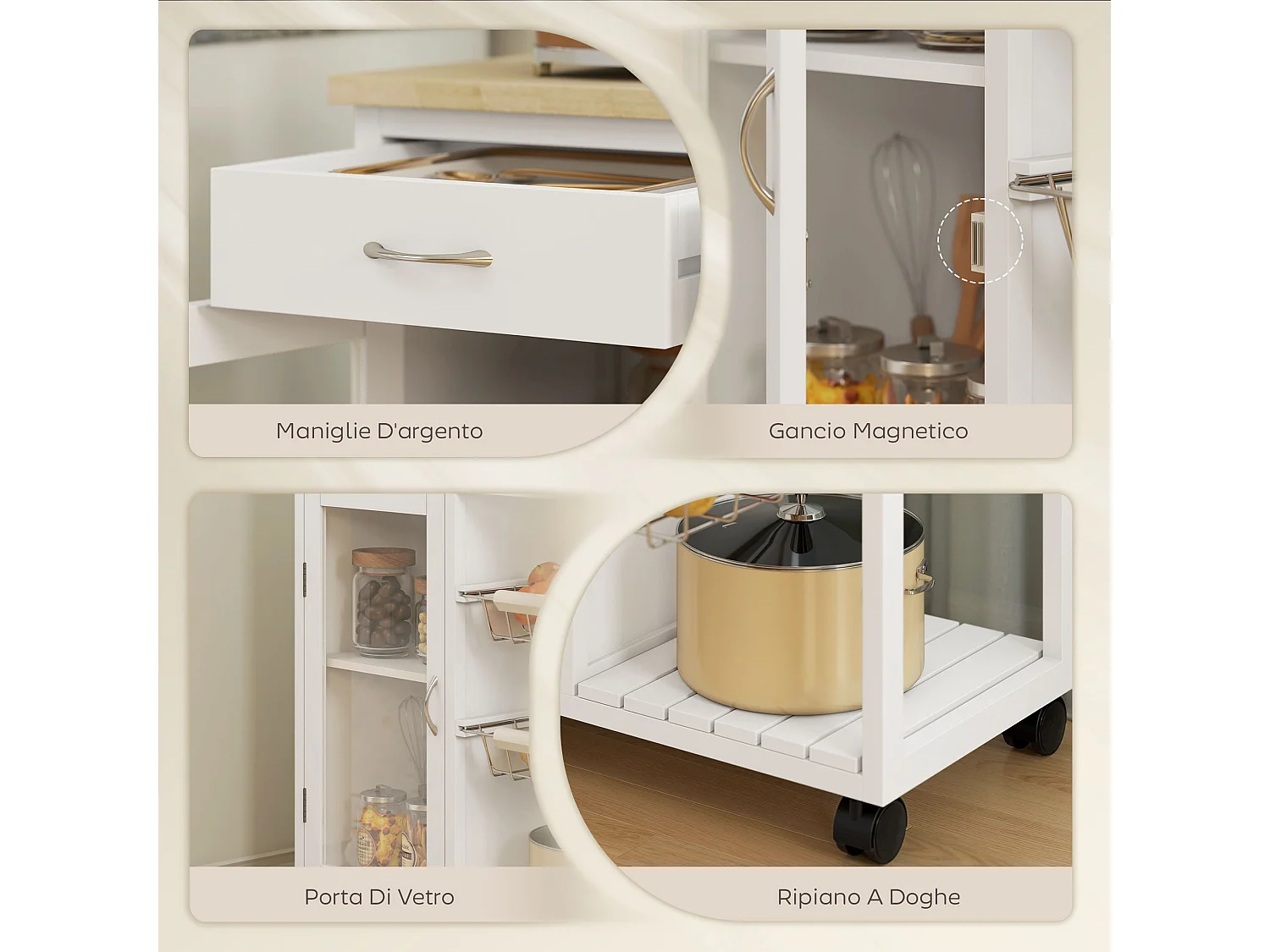 Carrello da cucina con ruote e piano in bambù isola cucina con 2 cassetti