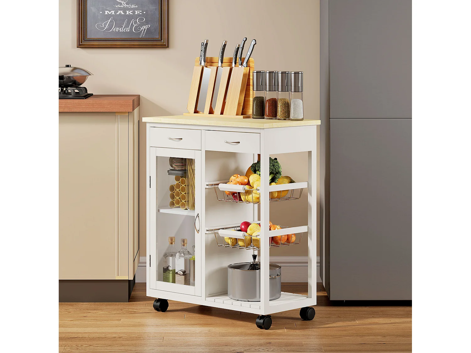 Carrello da cucina con ruote e piano in bambù isola cucina con 2 cassetti